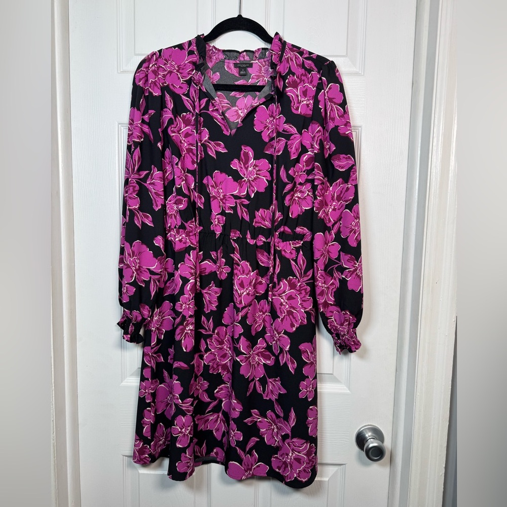 Ann Taylor Factory Pink Floral Tie Neck Long Sleeve Dress M